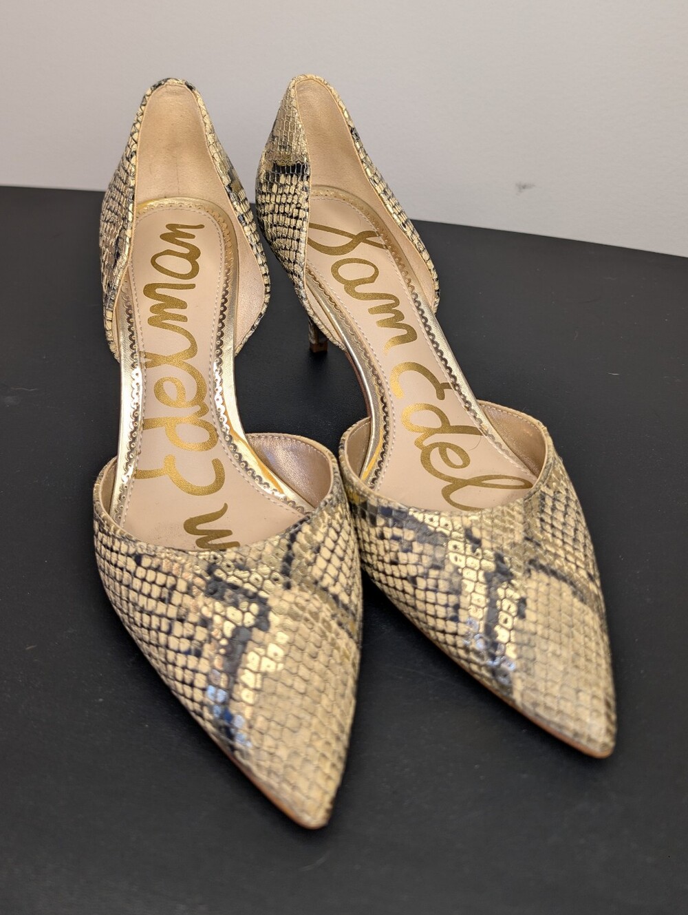 Sam Edelman Gold Snakeskin Pointed-Toe D'Orsay Heels